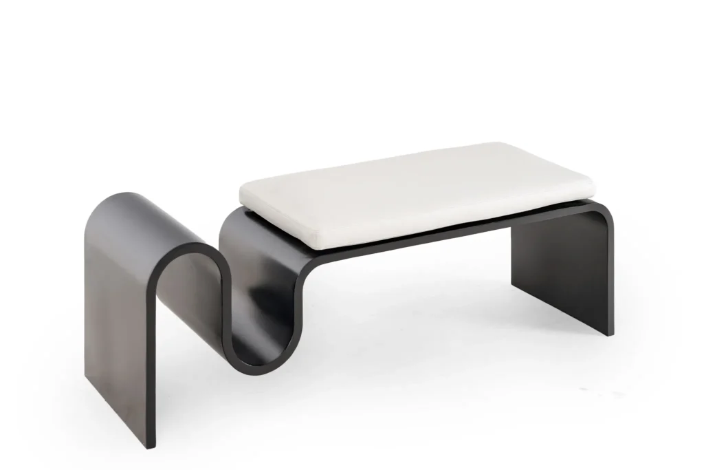 Modern Curved Metal Bench with White Leather Cushion