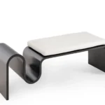 Modern Curved Metal Bench with White Leather Cushion