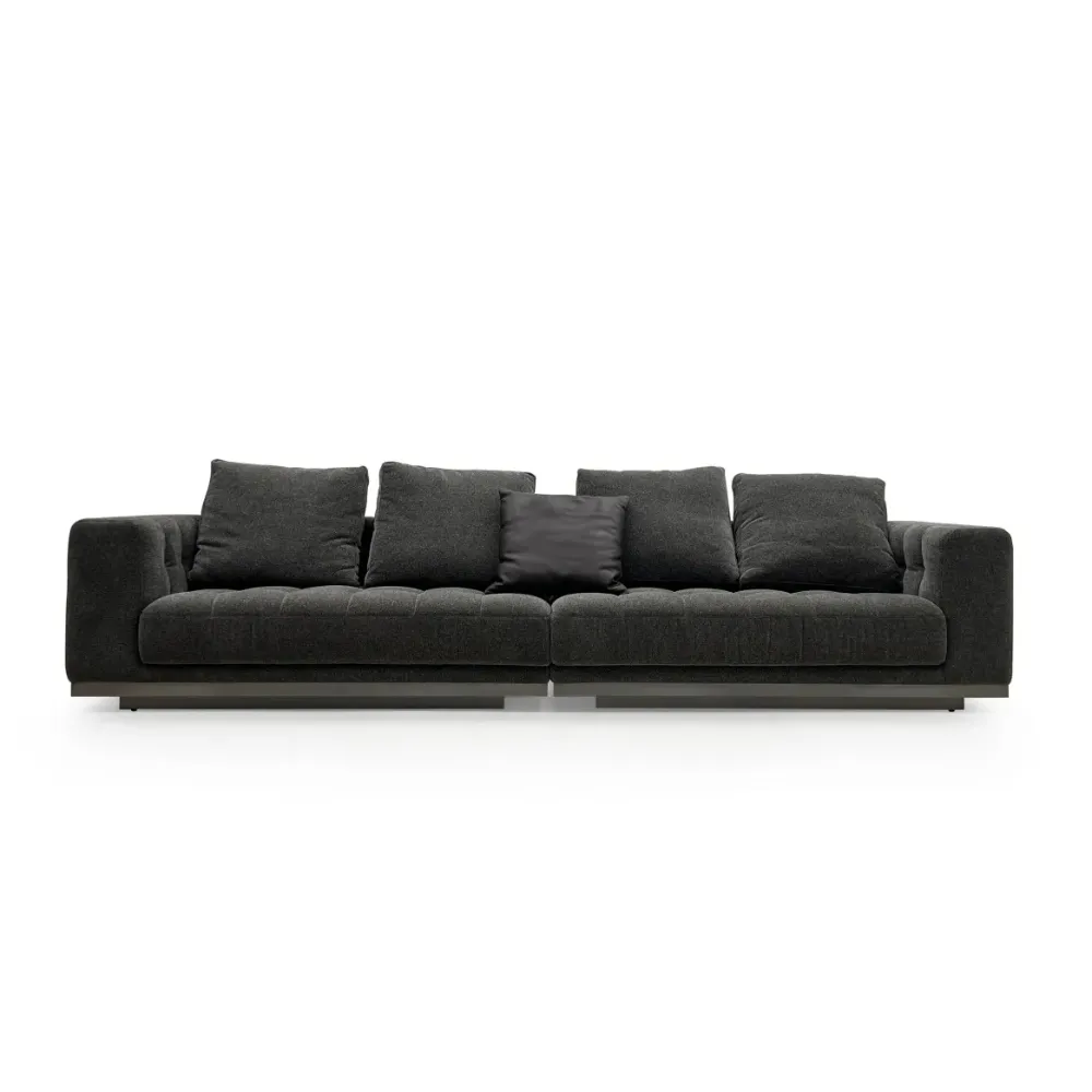 Modern Dark Grey Fabric Sofa with Tufted Seats and Accent Pillow