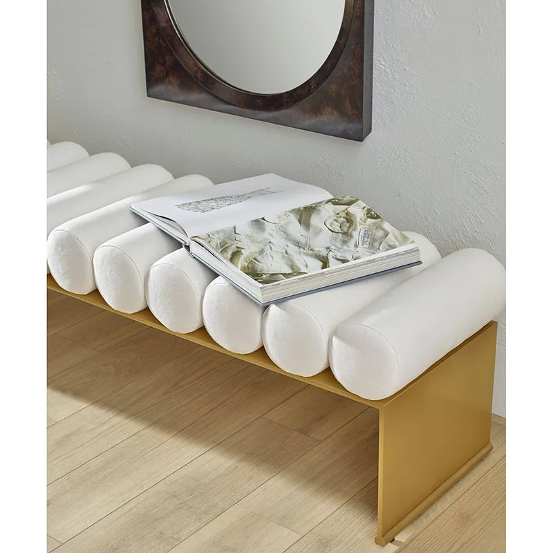 Modern Gold Frame Entryway Bench with White Cylinder Cushions