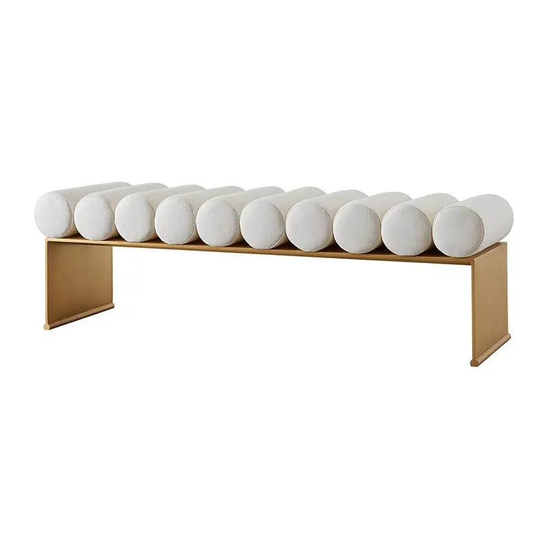 Modern Gold Frame Entryway Bench with White Cylinder Cushions