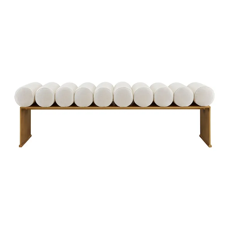 Modern Gold Frame Entryway Bench with White Cylinder Cushions