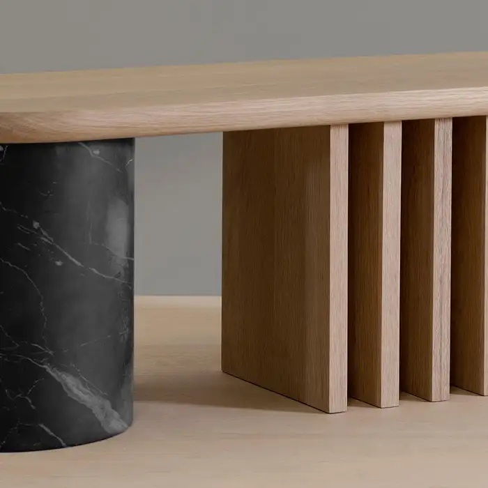 Modern Oak Bench with Black Marble Base for Entryway