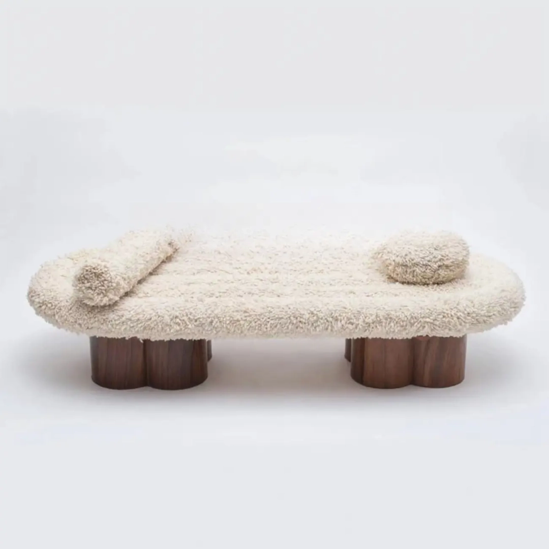 Modern Shearling Cloud Daybed with Unique Wood Legs Bench