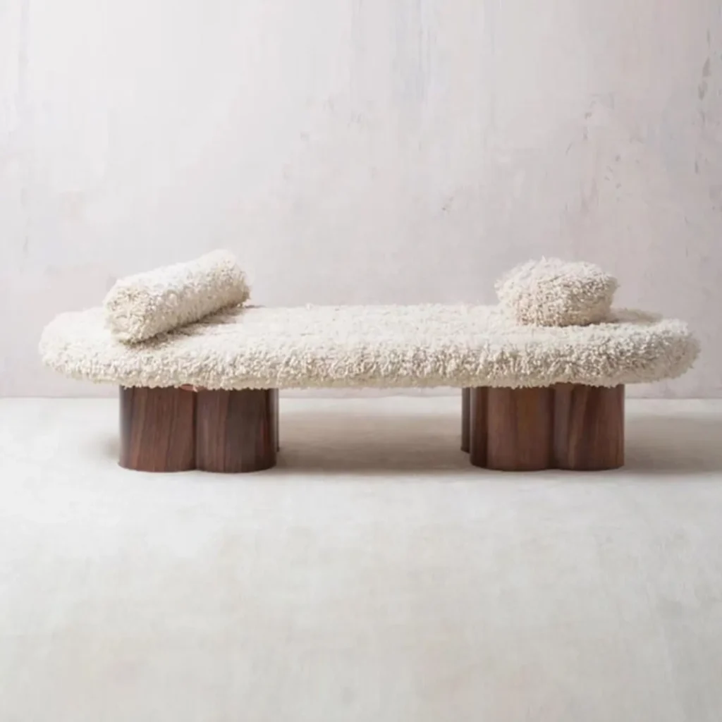 Modern Shearling Cloud Daybed with Unique Wood Legs Bench