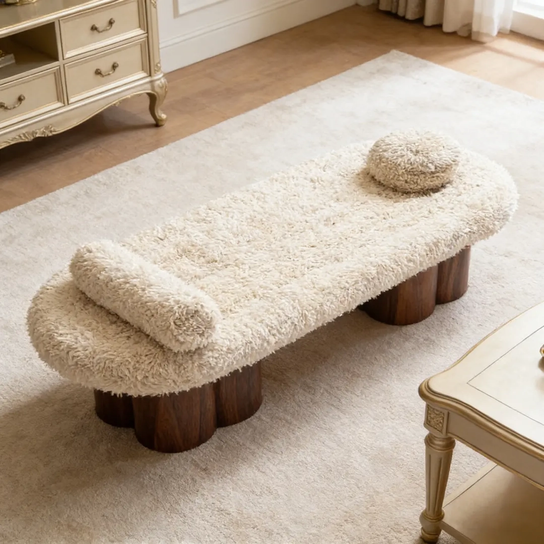 Modern Shearling Cloud Daybed with Unique Wood Legs Bench