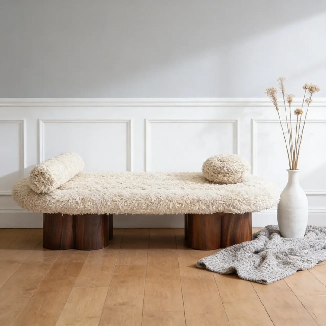 Modern Shearling Cloud Daybed with Unique Wood Legs Bench