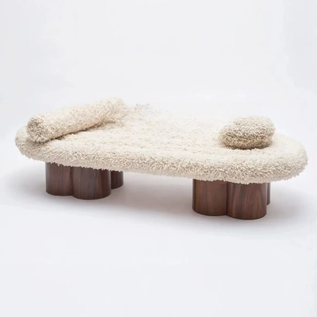 Modern Shearling Cloud Daybed with Unique Wood Legs Bench