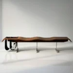 Modern Wave Wood Bench with leather storage pockets for Living Room