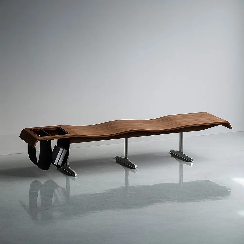Modern Wave Wood Bench with leather storage pockets for Living Room