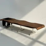 Modern Wave Wood Bench with leather storage pockets for Living Room