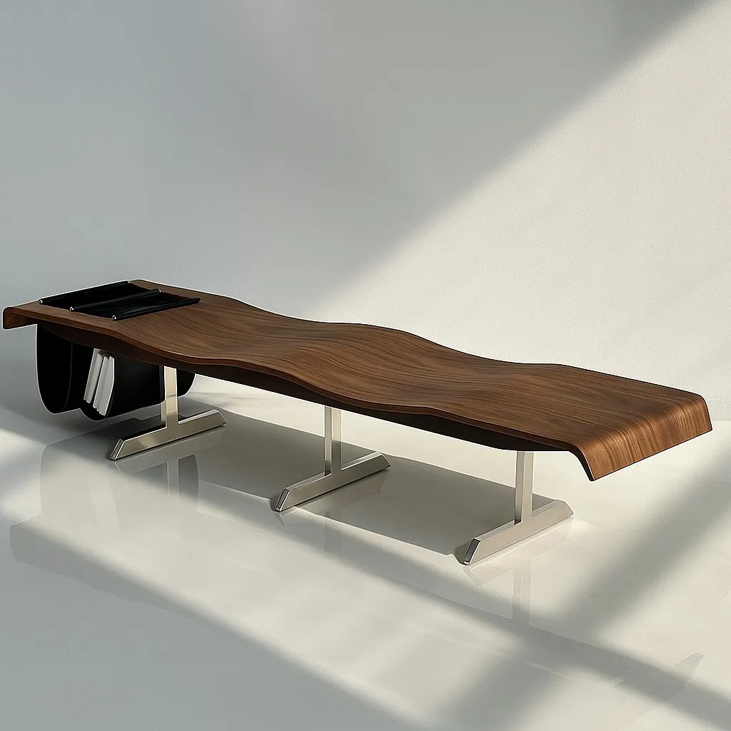 Modern Wave Wood Bench with leather storage pockets for Living Room