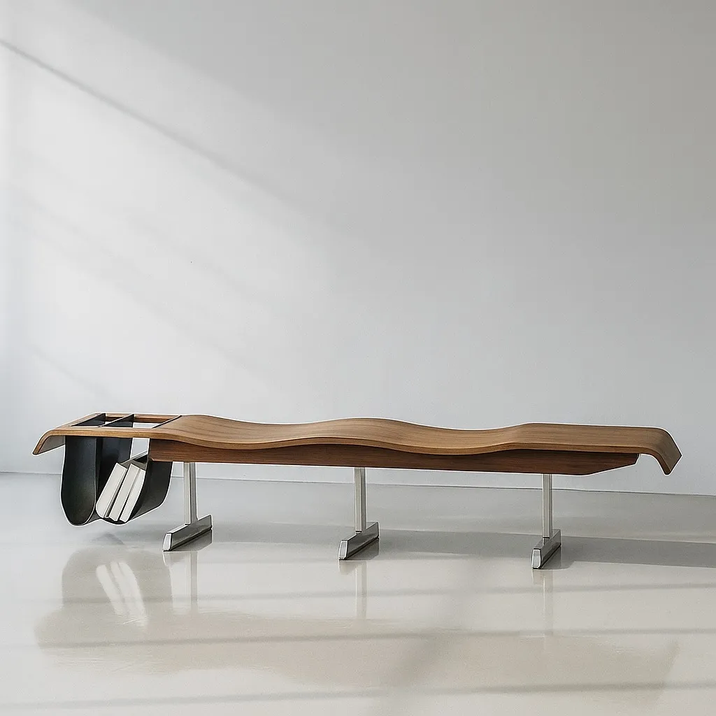 Modern Wave Wood Bench with leather storage pockets for Living Room