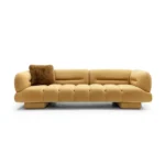 Mustard Velvet Tufted Four Seater Sofa with Fur Pillow