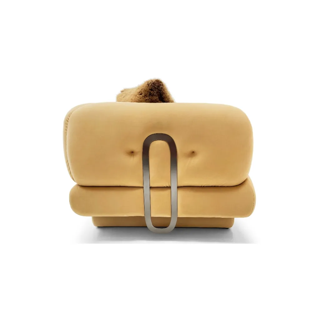 Mustard Velvet Tufted Four Seater Sofa with Fur Pillow