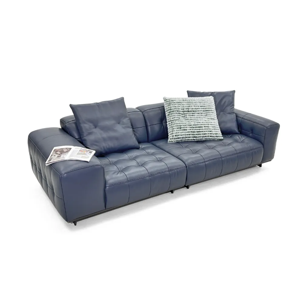 Navy Blue Leather Four Seater Tufted Sofa