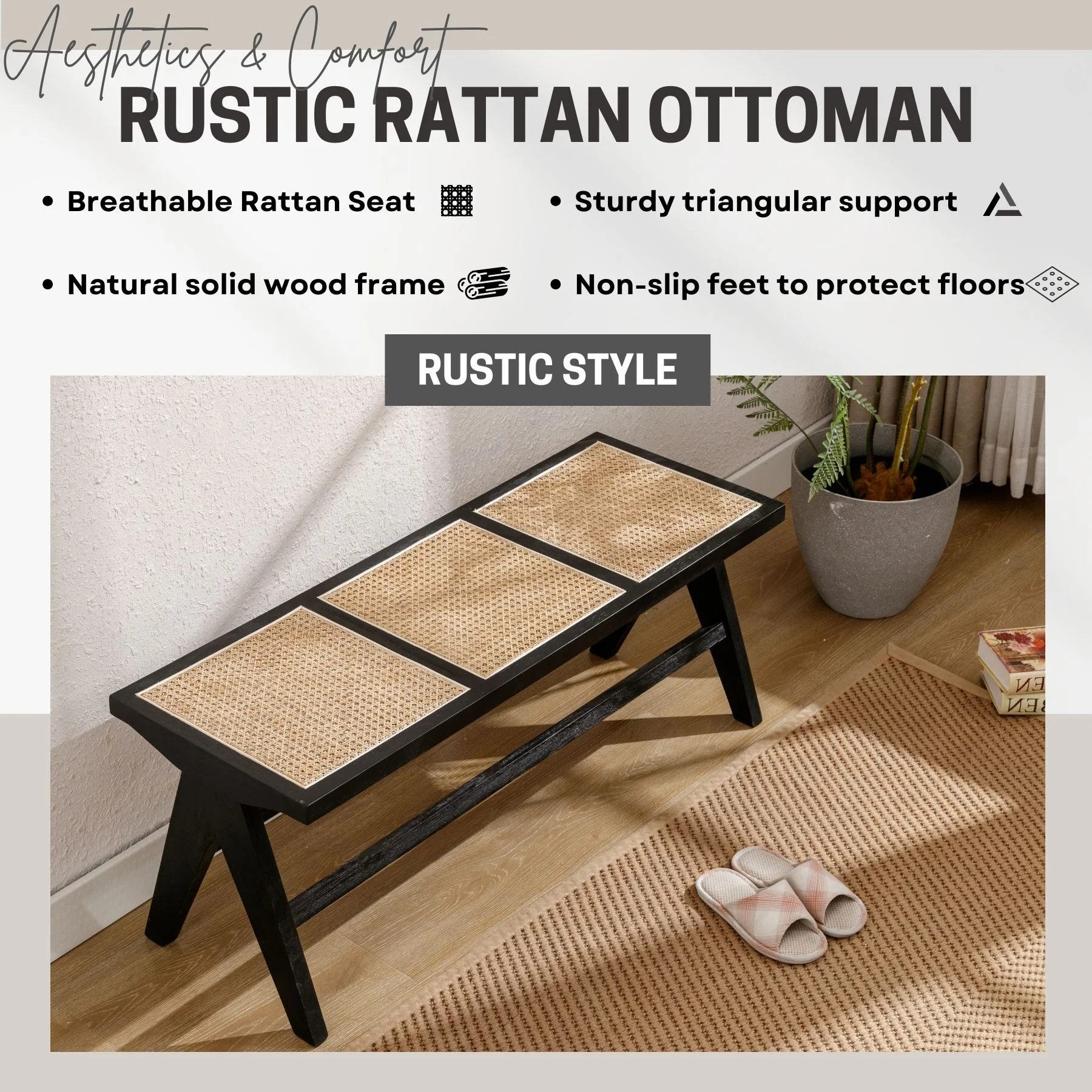 Rattan Insert Black Wood Dining Entryway Bench