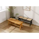 Rattan Insert Black Wood Dining Entryway Bench