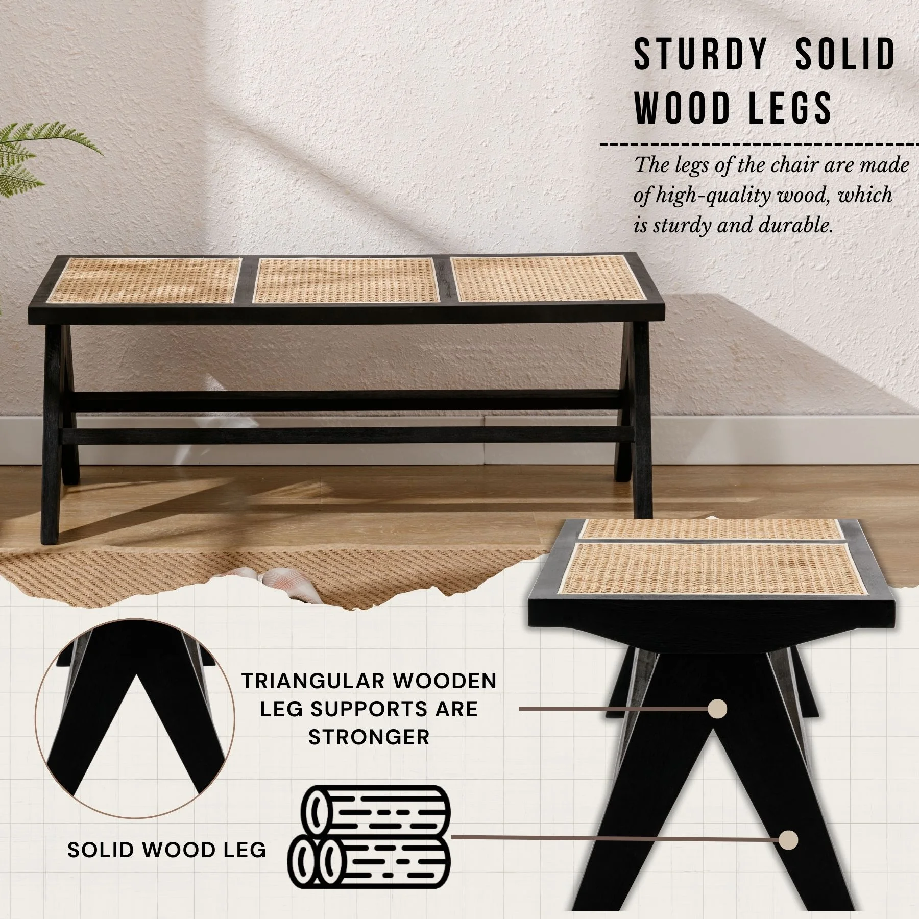 Rattan Insert Black Wood Dining Entryway Bench