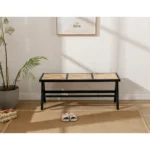 Rattan Insert Black Wood Dining Entryway Bench