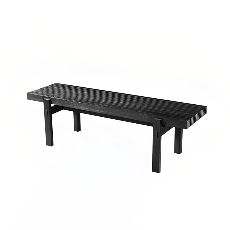 Ribbed Black Wood Bench for Entryway Living Room