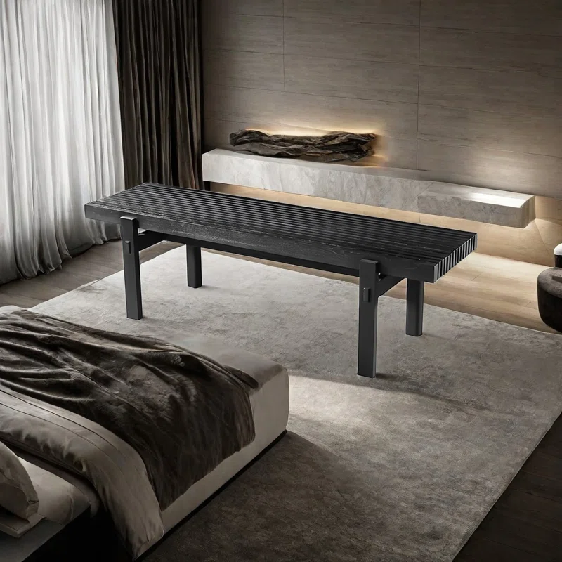 Ribbed Black Wood Bench for Entryway Living Room