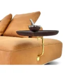 Tan Leather Five Seater Sofa with Metal Accents and Pillows