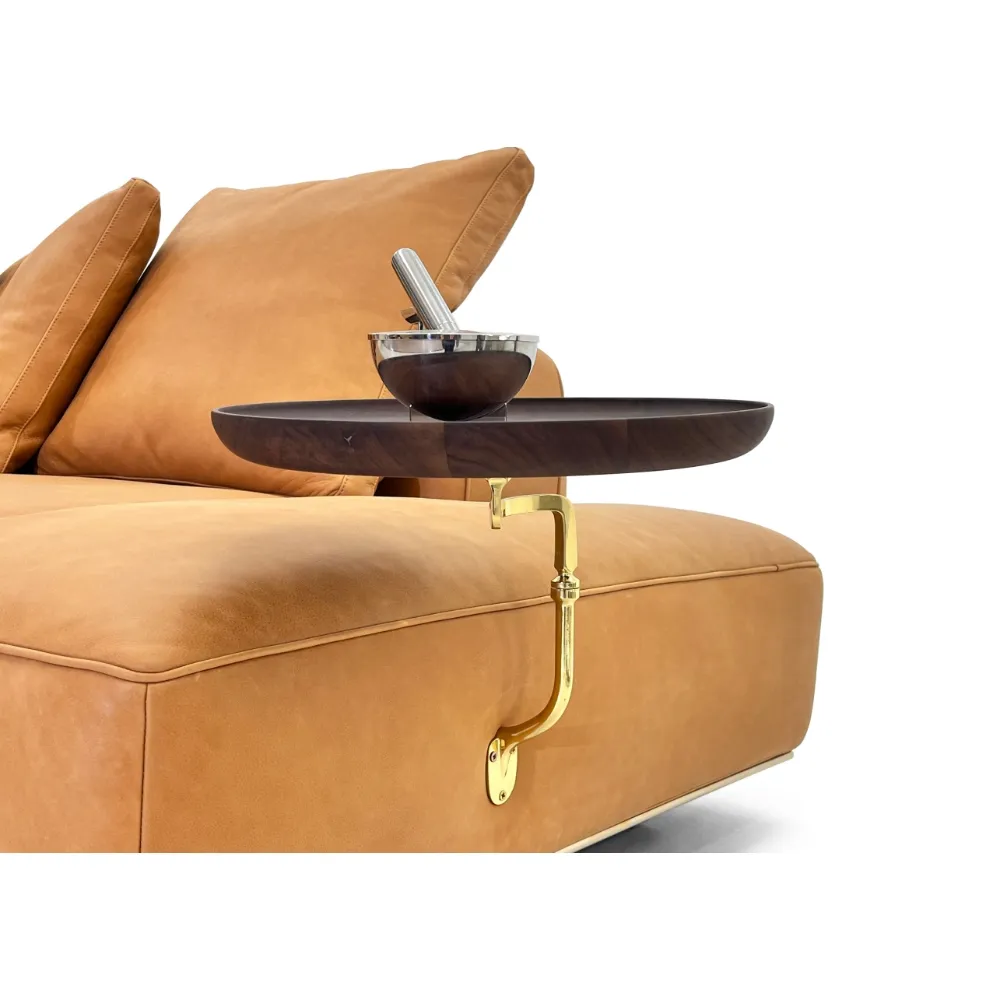 Tan Leather Five Seater Sofa with Metal Accents and Pillows