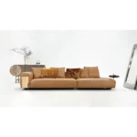 Tan Leather Five Seater Sofa with Metal Accents and Pillows
