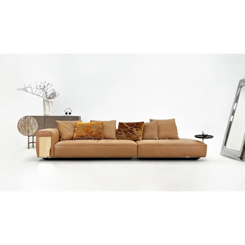 Tan Leather Five Seater Sofa with Metal Accents and Pillows