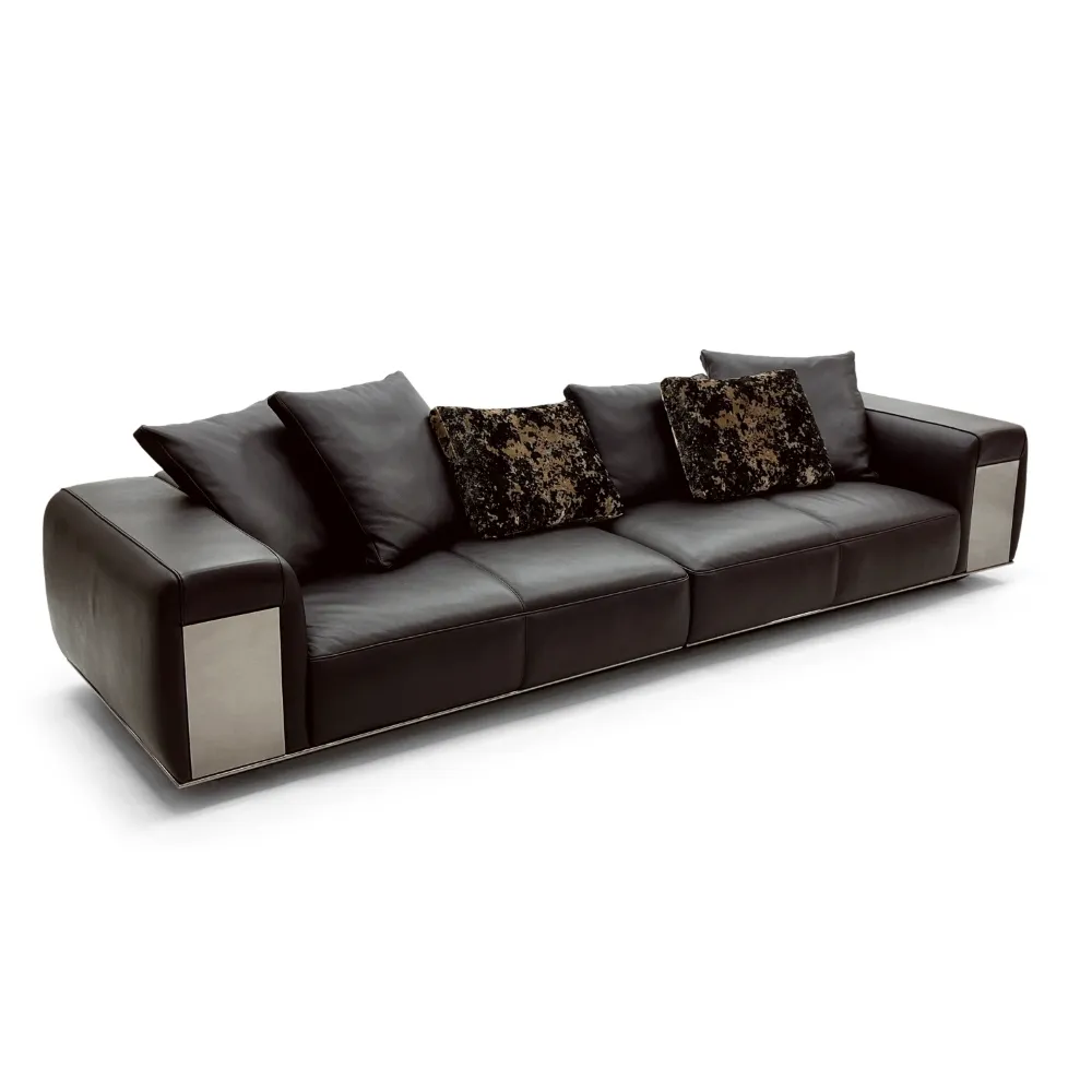 Tan Leather Five Seater Sofa with Metal Accents and Pillows