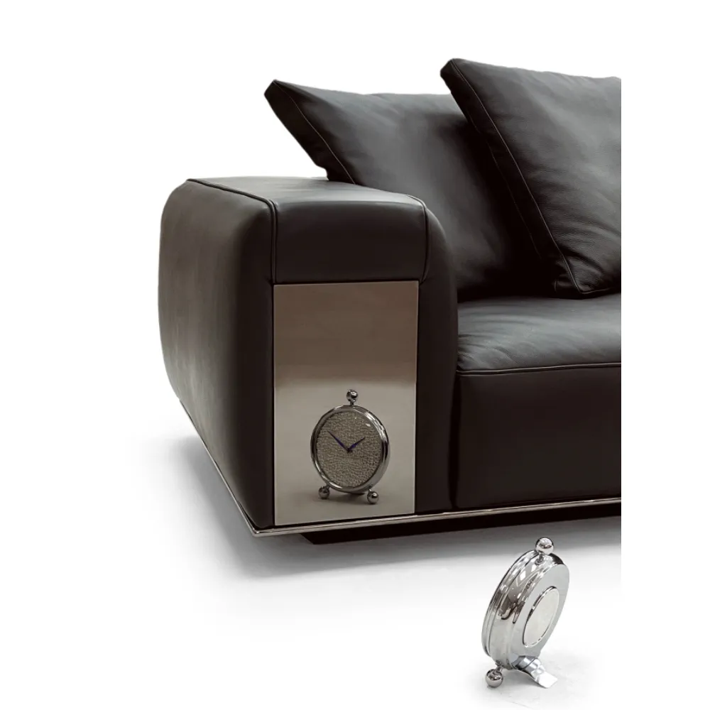 Tan Leather Five Seater Sofa with Metal Accents and Pillows