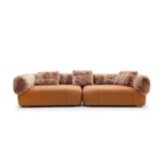 Tan Leather Fur Accent Four Seater Sofa