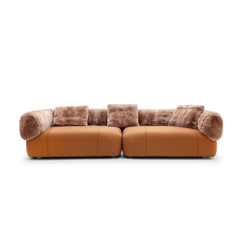 Tan Leather Fur Accent Four Seater Sofa