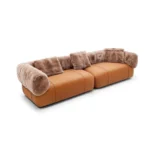 Tan Leather Fur Accent Four Seater Sofa